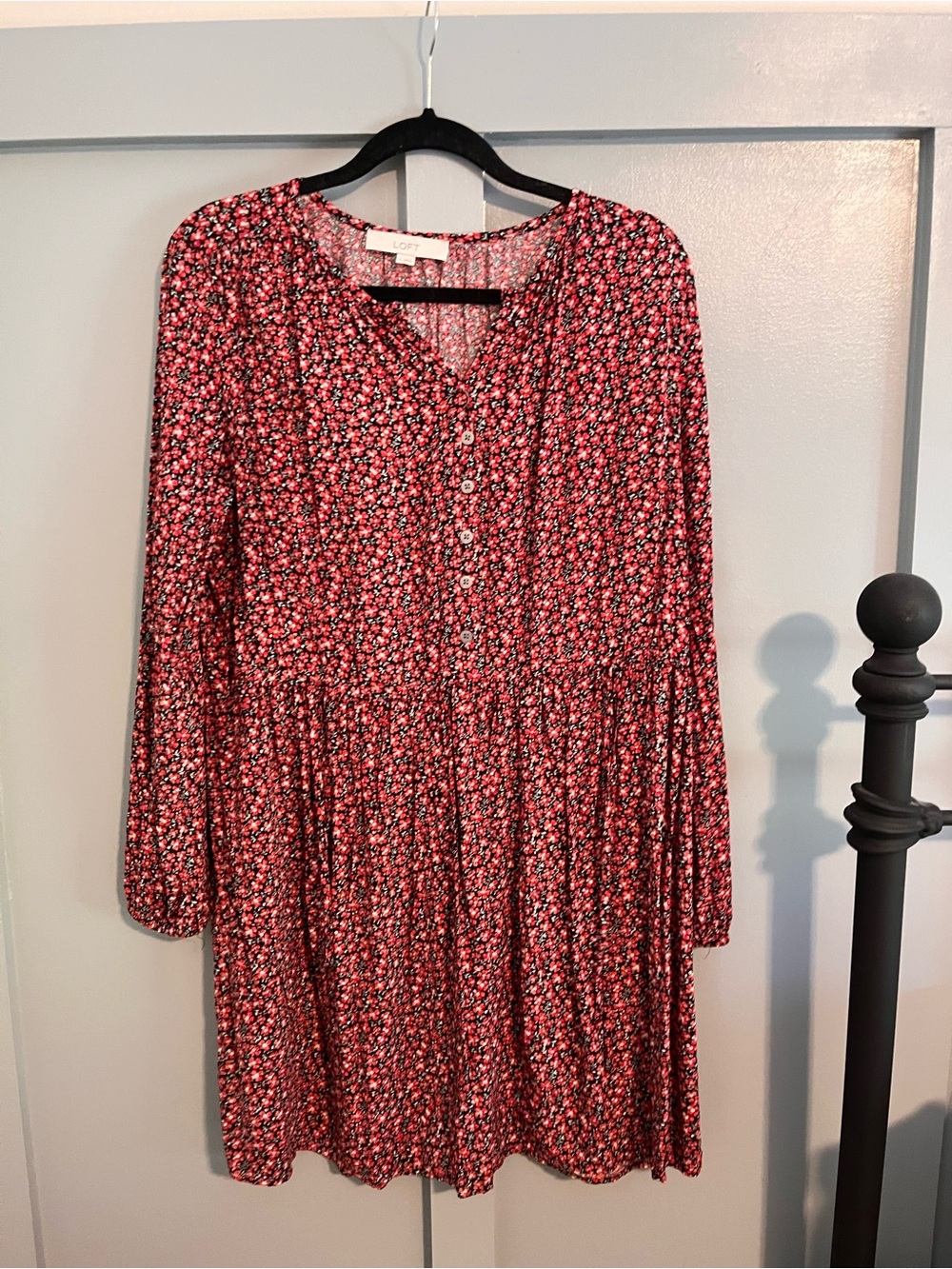 LOFT Red Floral Button-Front Long-Sleeve Girls' Dress